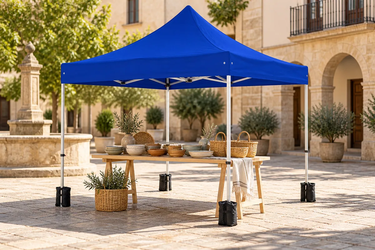Propuesta de montaje con una carpa azul para un puesto de artesanía