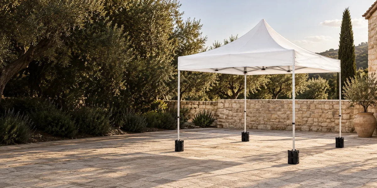 Escena ilustrativa de una carpa plegable blanca en un patio exterior