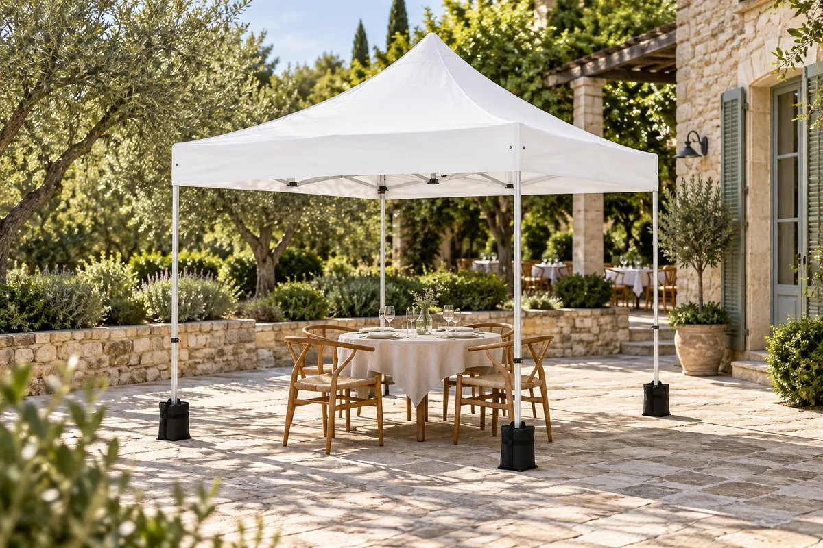 Propuesta de montaje con una carpa blanca y una mesa en una terraza