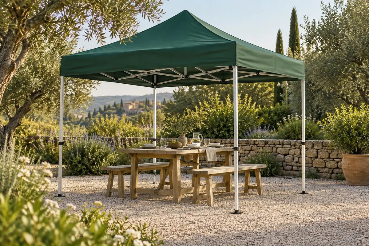 Escena ilustrativa de una carpa verde con una mesa en un jardín