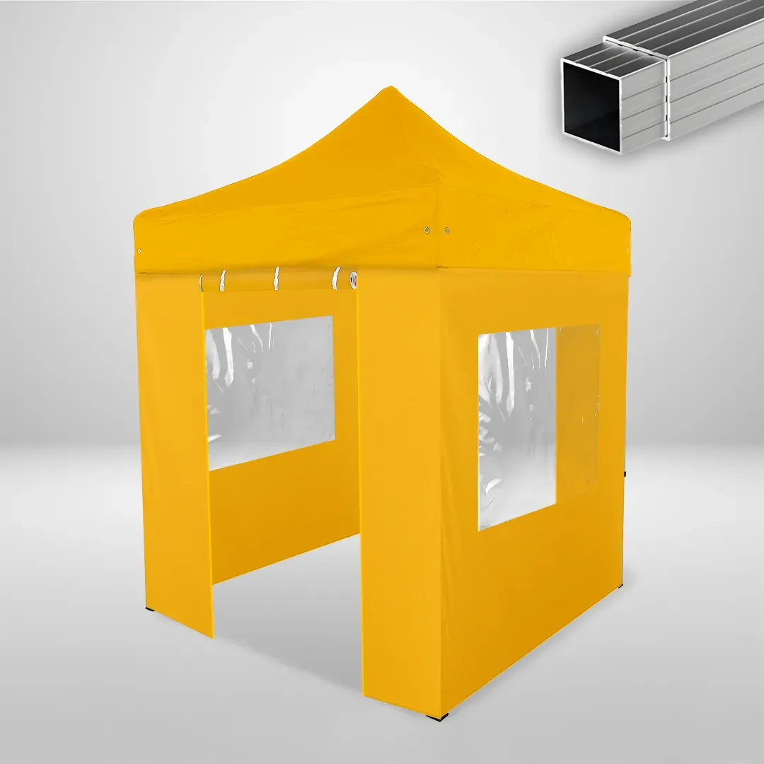 Carpa Plegable 2x2 m, Gama ECO 32mm, 2 laterales con puerta y 2 laterales con ventanas, amarillo
