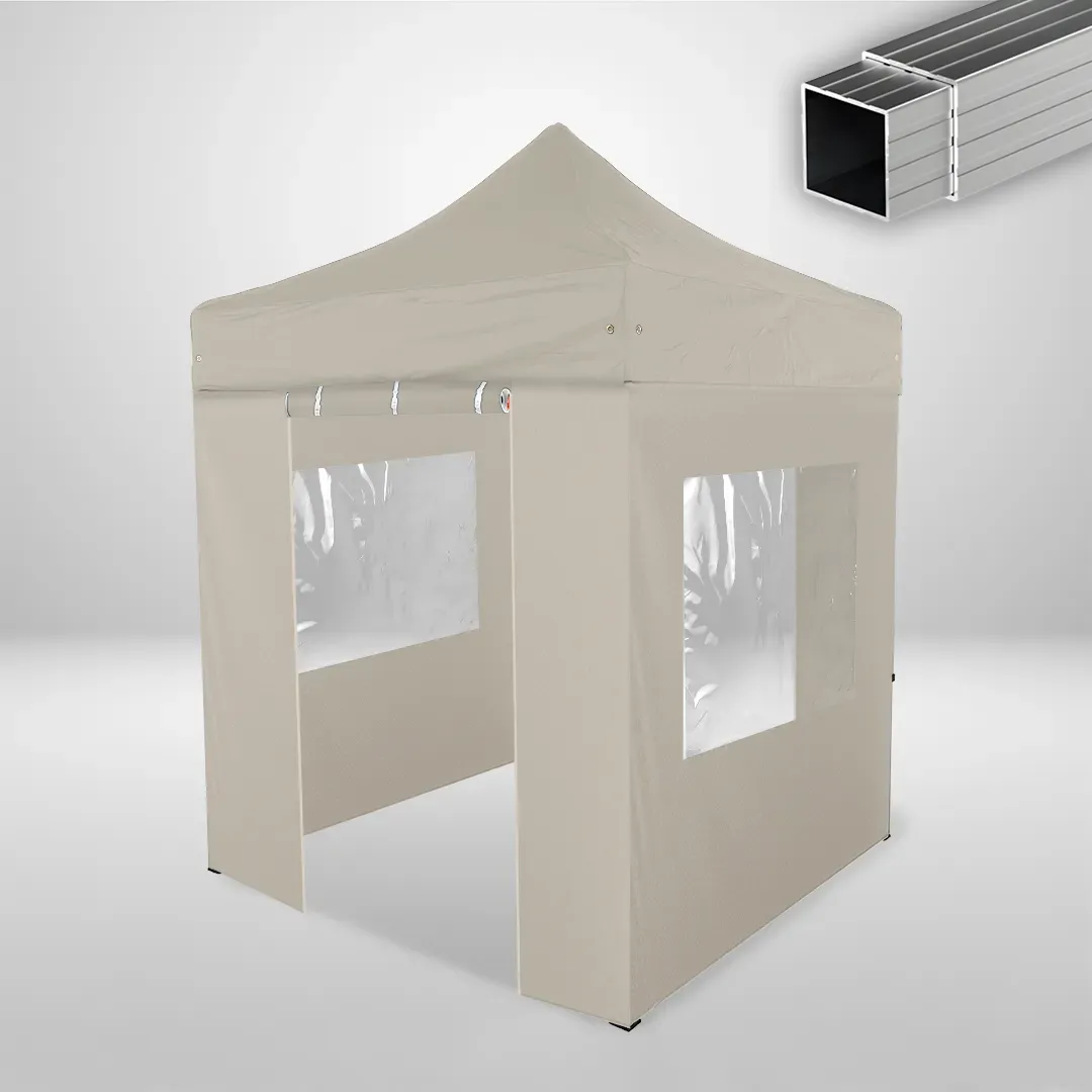 Carpa Plegable 2x2 m, Gama ECO 32mm, 2 laterales con puerta y 2 laterales con ventanas, beige