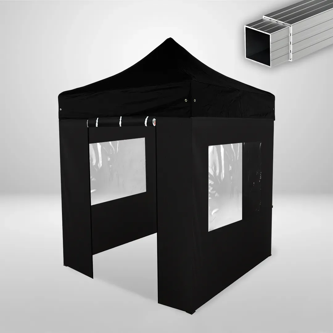 Carpa Plegable 2x2 m, Gama ECO 32mm, 2 laterales con puerta y 2 laterales con ventanas, negro