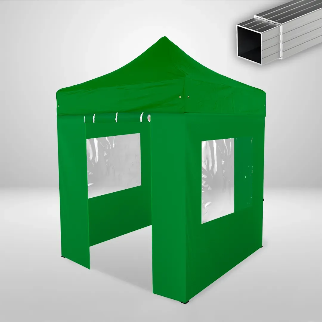Carpa Plegable 2x2 m, Gama ECO 32mm, 2 laterales con puerta y 2 laterales con ventanas, verde botella