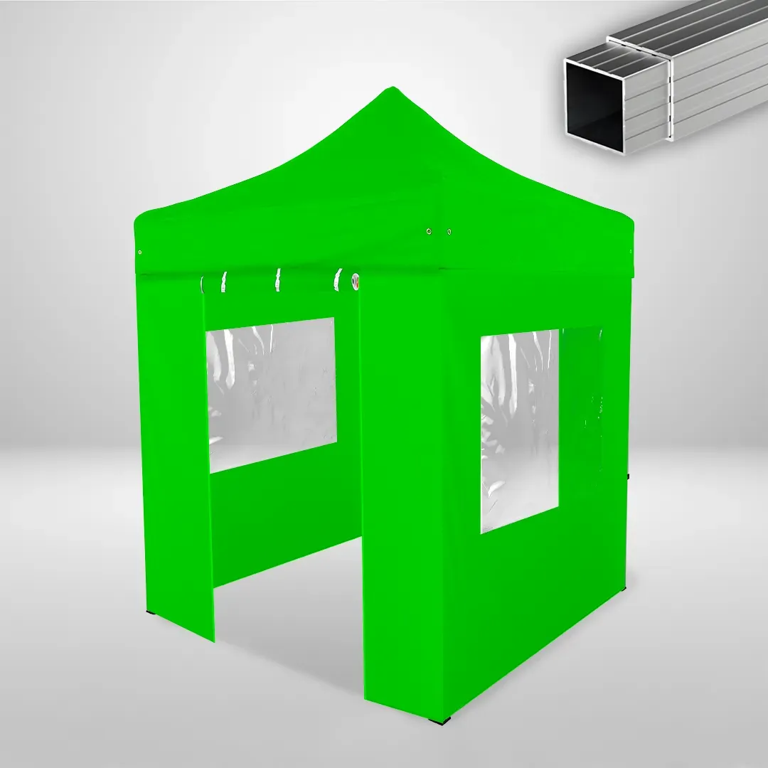 Carpa Plegable 2x2 m, Gama ECO 32mm, 2 laterales con puerta y 2 laterales con ventanas, verde lima