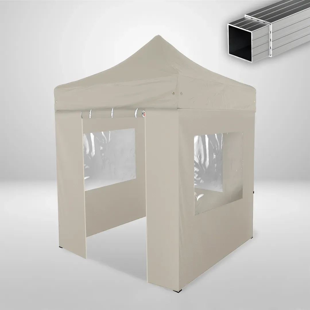 Carpa Plegable 2x2 m, Gama ECO 32mm, 3 laterales con ventanas y 1 laterales con puerta, beige