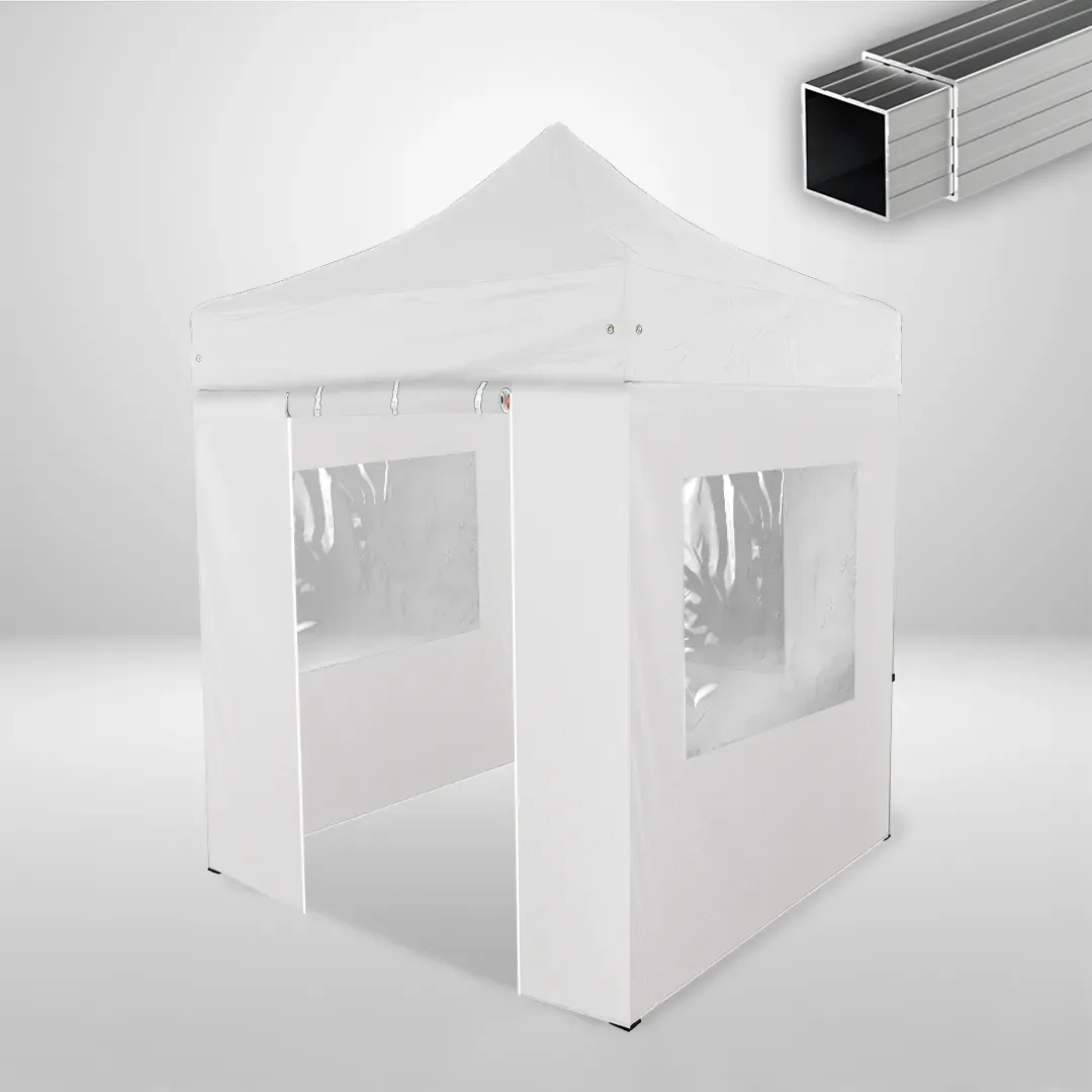 Carpa Plegable 2x2 m, Gama ECO 32mm, 3 laterales con ventanas y 1 laterales con puerta, blanco