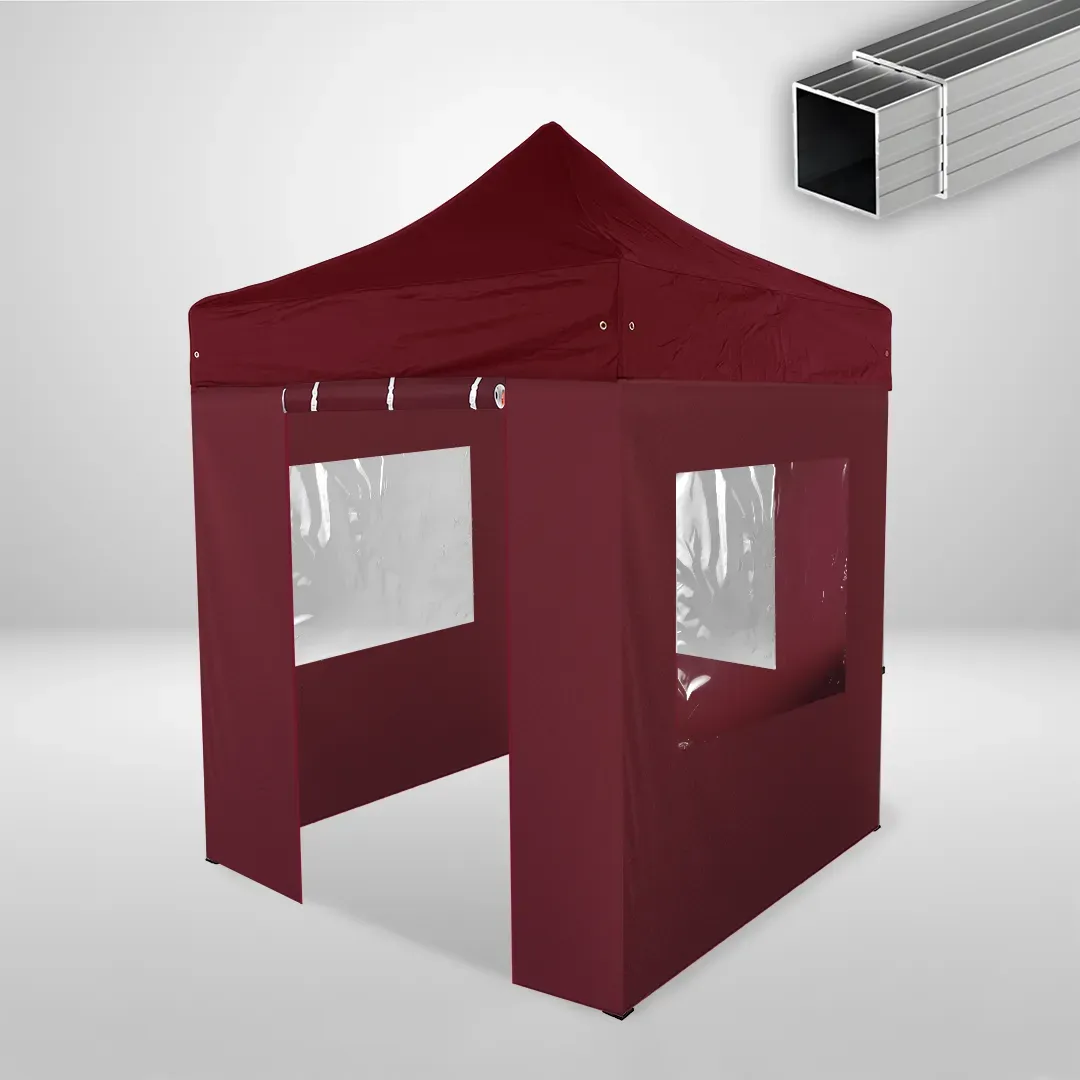 Carpa Plegable 2x2 m, Gama ECO 32mm, 3 laterales con ventanas y 1 laterales con puerta, burdeos