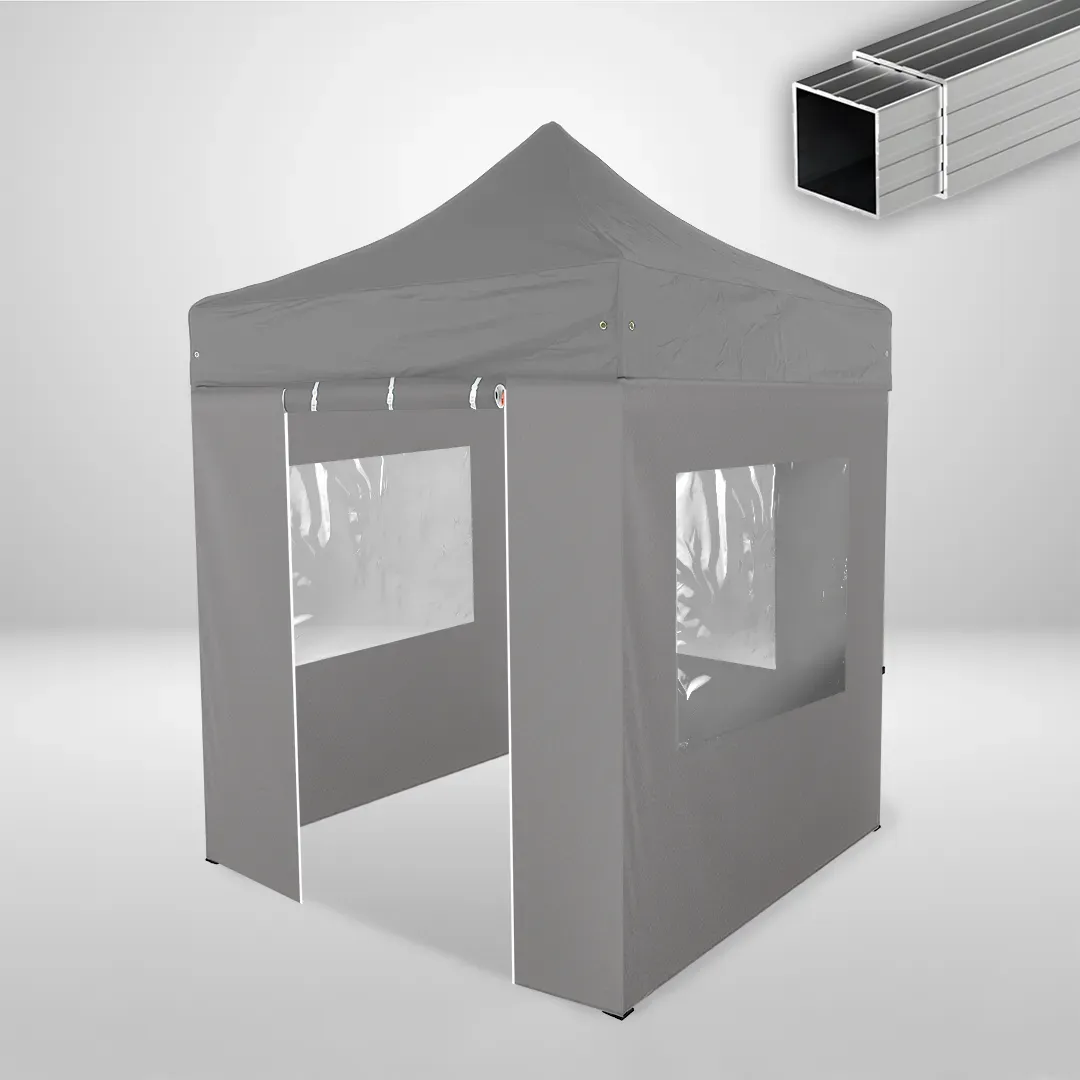 Carpa Plegable 2x2 m, Gama ECO 32mm, 3 laterales con ventanas y 1 laterales con puerta, gris