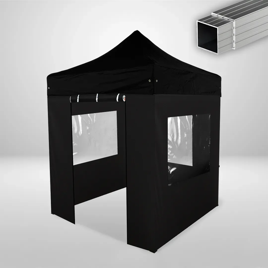 Carpa Plegable 2x2 m, Gama ECO 32mm, 3 laterales con ventanas y 1 laterales con puerta, negro
