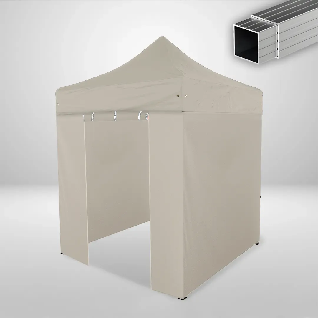 Carpa Plegable 2x2 m, Gama ECO 32mm, 3 laterales lisos y 1 lateral con puerta, beige