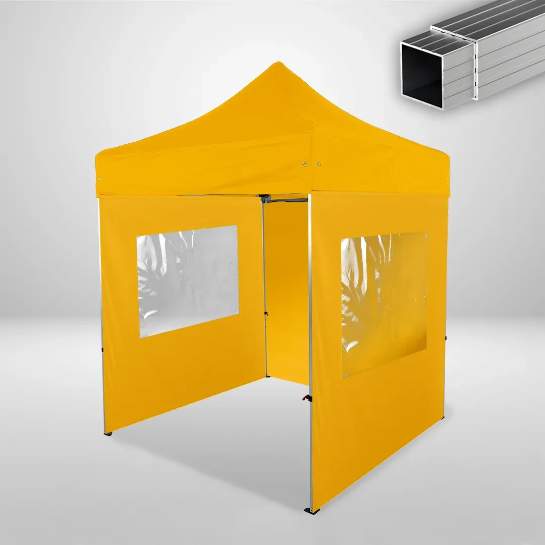 Carpa Plegable 2x2 m, Gama ECO 32mm, 1 lateral liso y 2 laterales con ventanas, amarillo 1 Carpa Plegable 2x2 m, Gama ECO 32mm, 1 lateral liso y 2 laterales con ventanas, amarillo