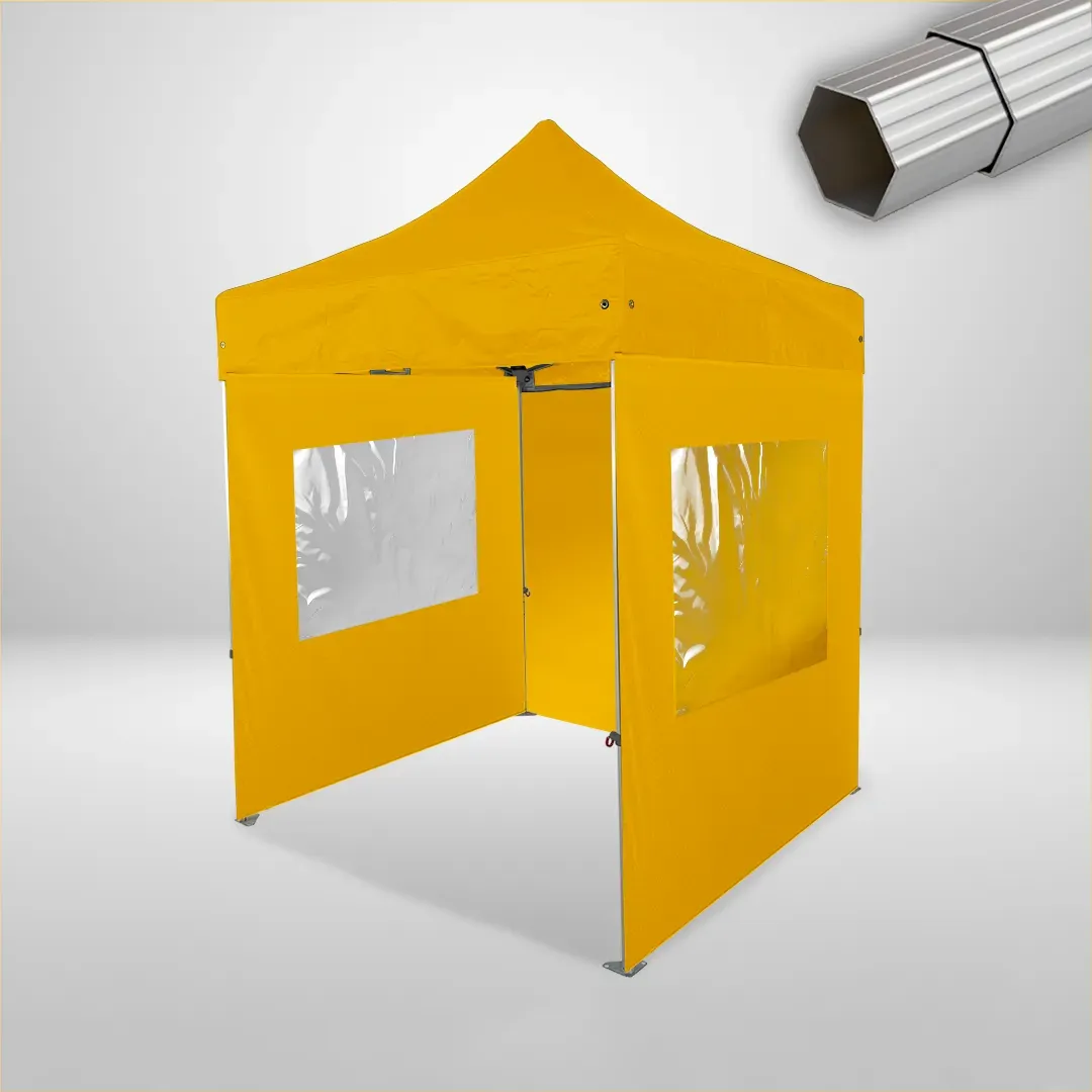 Carpa Plegable 2x2 m, Gama ELITE 50mm, 1 lateral liso y 2 laterales con ventanas, amarillo 1 Carpa Plegable 2x2 m, Gama ELITE 50mm, 1 lateral liso y 2 laterales con ventanas, amarillo
