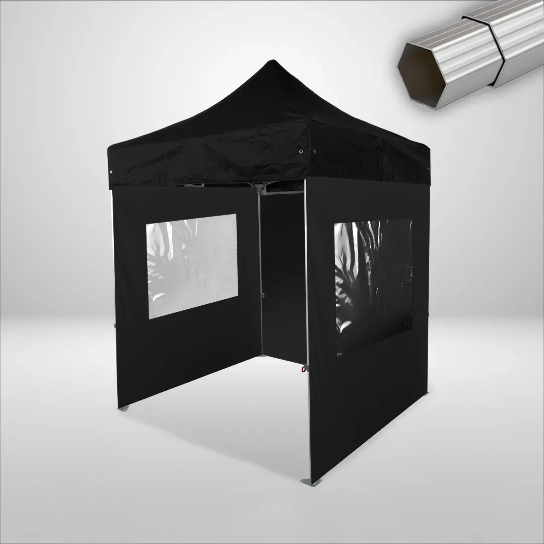 Carpa Plegable 2x2 m, Gama ELITE 50mm, 1 lateral liso y 2 laterales con ventanas, negro 1 Carpa Plegable 2x2 m, Gama ELITE 50mm, 1 lateral liso y 2 laterales con ventanas, negro