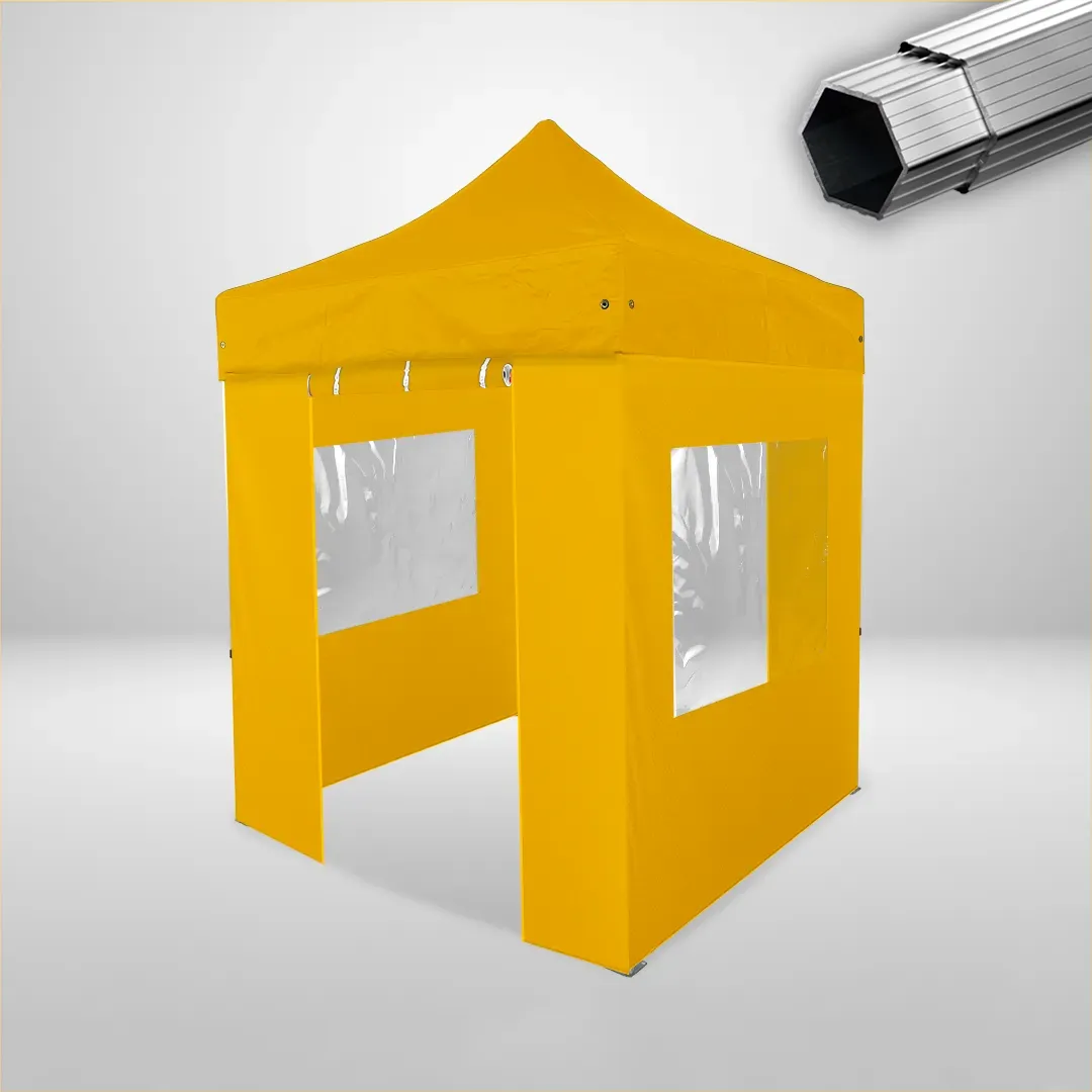 Carpa Plegable 2x2 m, Gama PLUS 40mm, 2 laterales con puerta y 2 laterales con ventanas, amarillo 1 Carpa Plegable 2x2 m, Gama PLUS 40mm, 2 laterales con puerta y 2 laterales con ventanas, amarillo