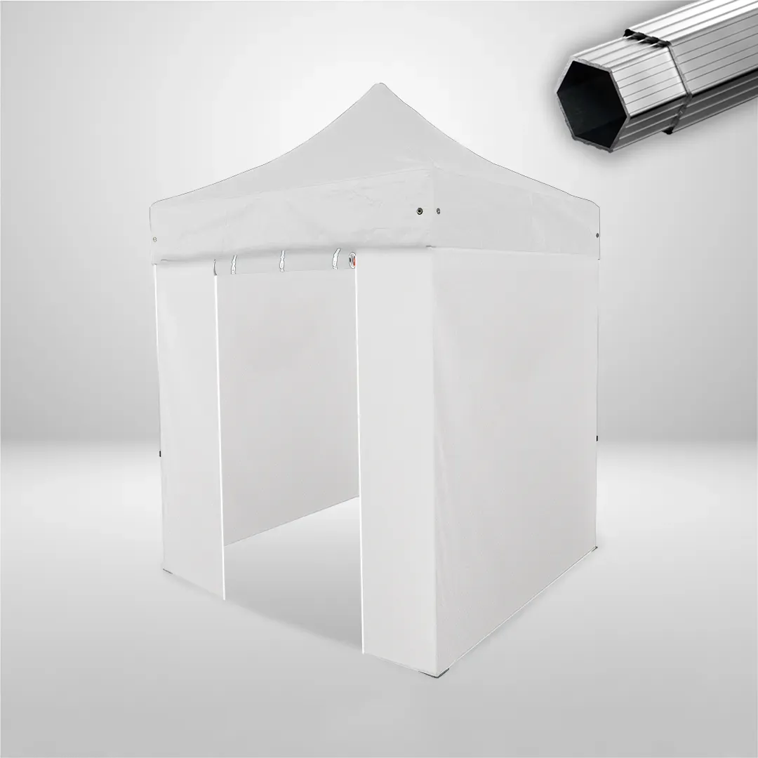 Carpa Plegable 2x2 m, Gama PLUS 40mm, 3 laterales lisos y 1 lateral con puerta, blanco