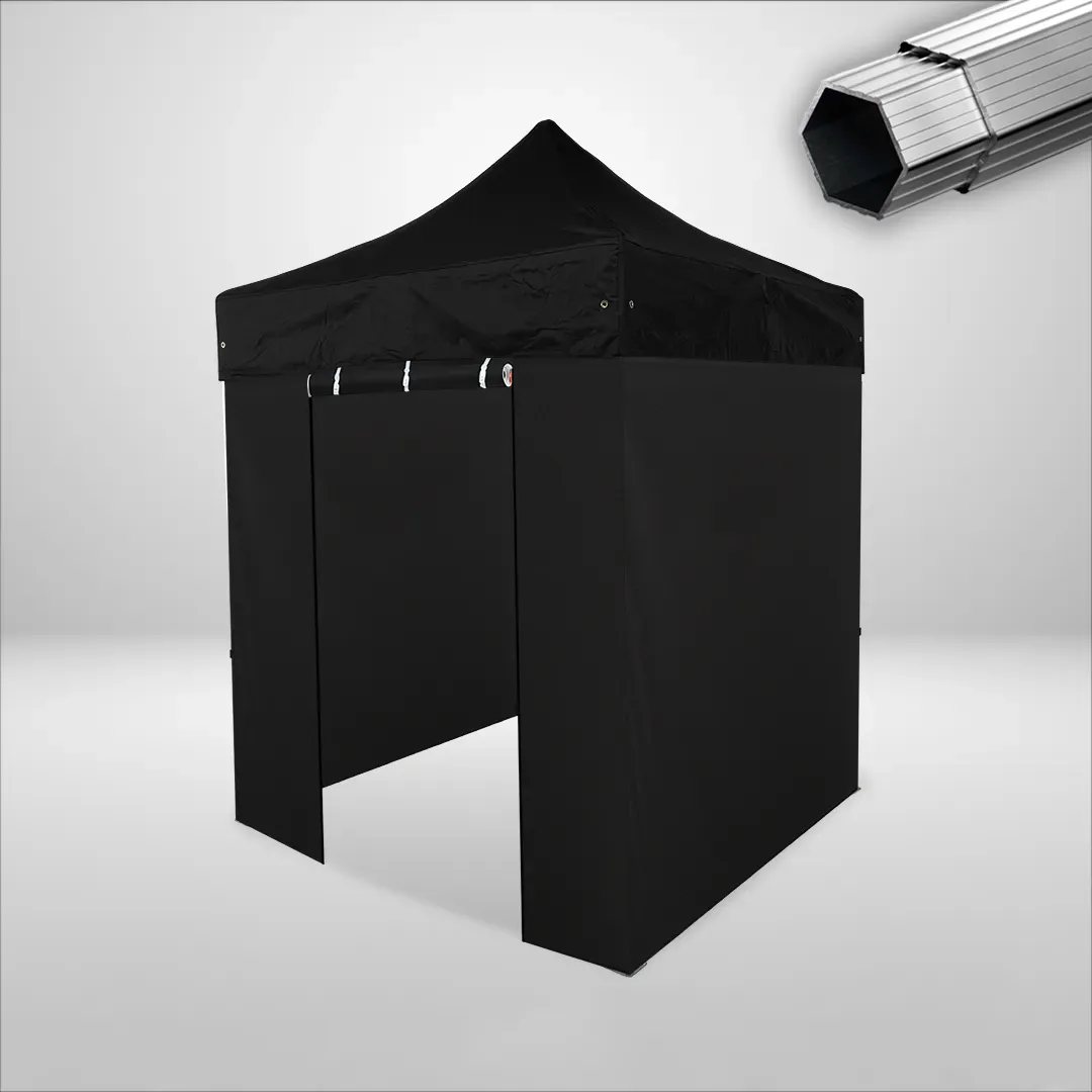 Carpa Plegable 2x2 m, Gama PLUS 40mm, 3 laterales lisos y 1 lateral con puerta, negro