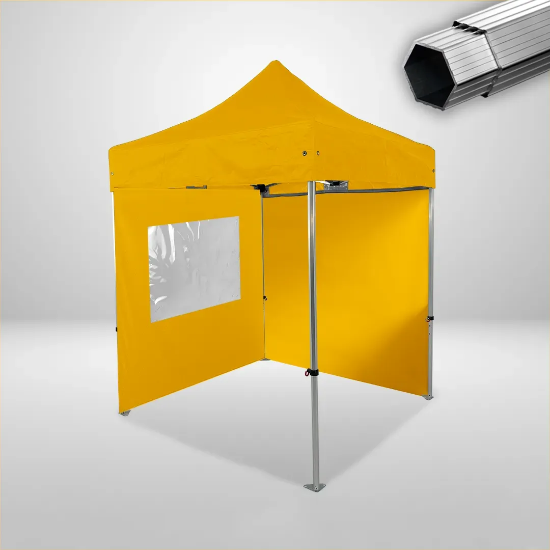 Carpa Plegable 2x2 m, Gama PLUS 40mm, 1 lateral liso y 1 lateral con ventana, amarillo
