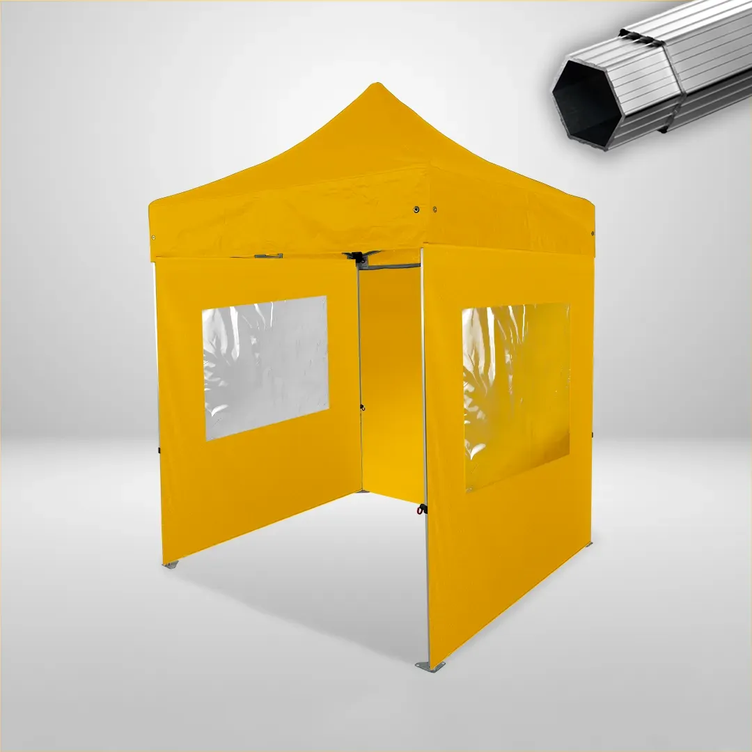 Carpa Plegable 2x2 m, Gama PLUS 40mm, 1 lateral liso y 2 laterales con ventanas, amarillo 1 Carpa Plegable 2x2 m, Gama PLUS 40mm, 1 lateral liso y 2 laterales con ventanas, amarillo