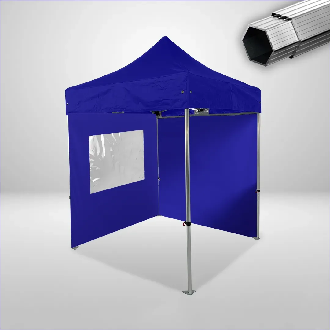 Carpa Plegable 2x2 m, Gama PLUS 40mm, 1 lateral liso y 1 lateral con ventana, azul