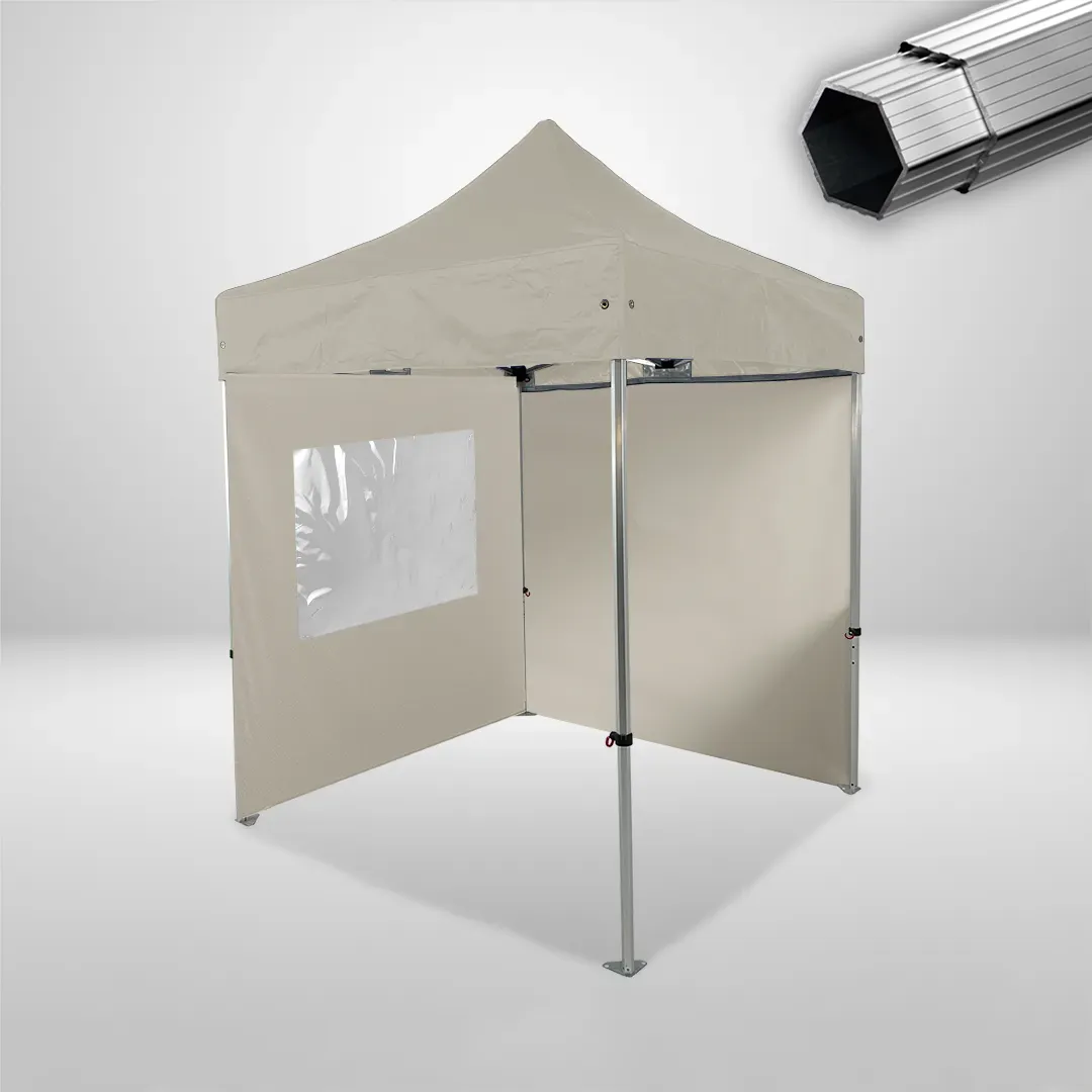 Carpa Plegable 2x2 m, Gama PLUS 40mm, 1 lateral liso y 1 lateral con ventana, beige