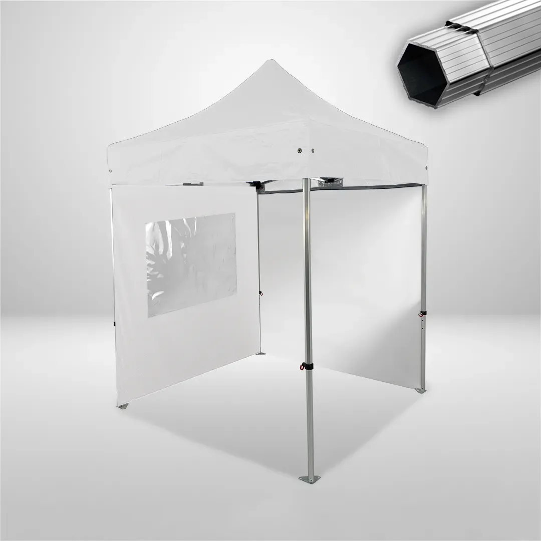 Carpa Plegable 2x2 m, Gama PLUS 40mm, 1 lateral liso y 1 lateral con ventana, blanco
