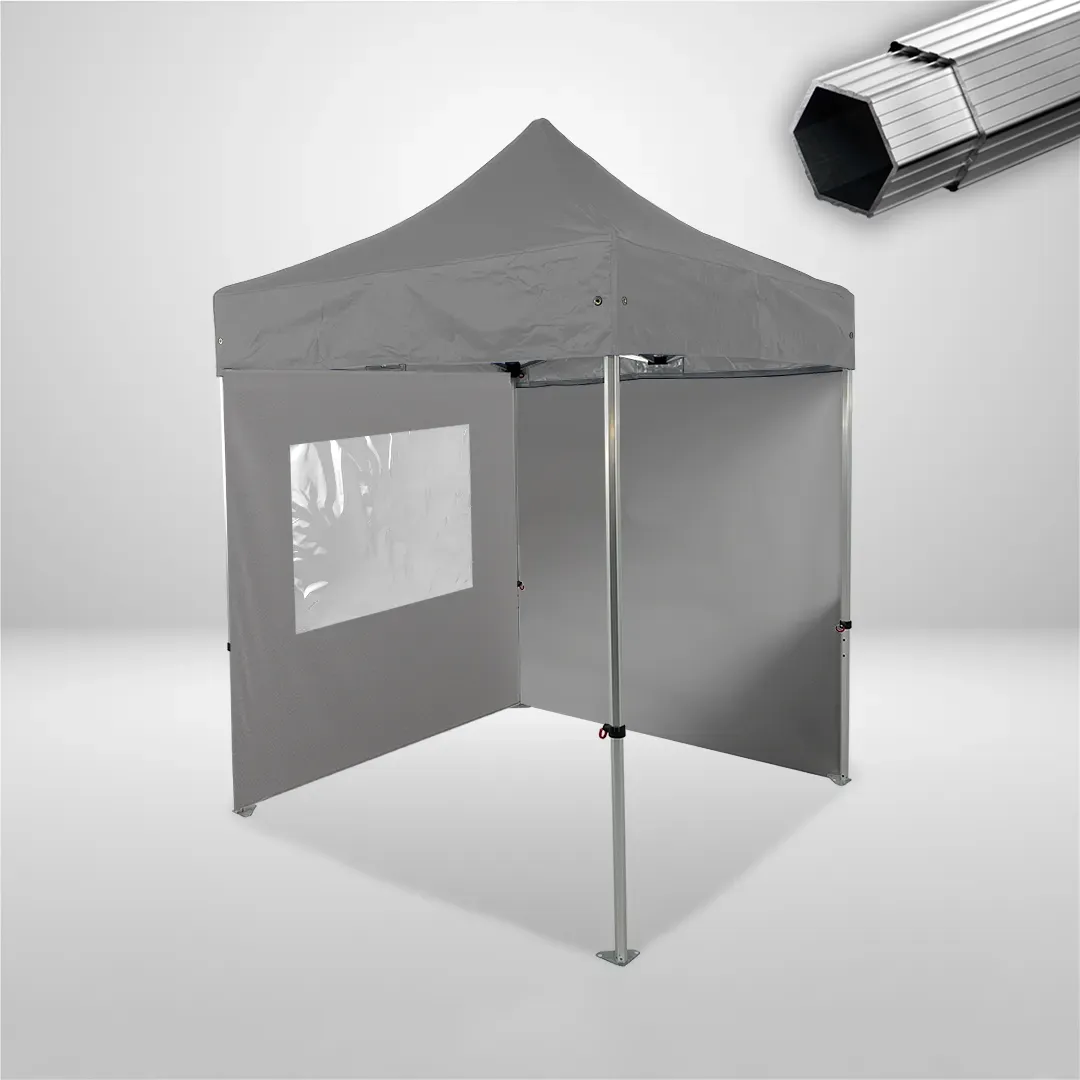 Carpa Plegable 2x2 m, Gama PLUS 40mm, 1 lateral liso y 1 lateral con ventana, gris