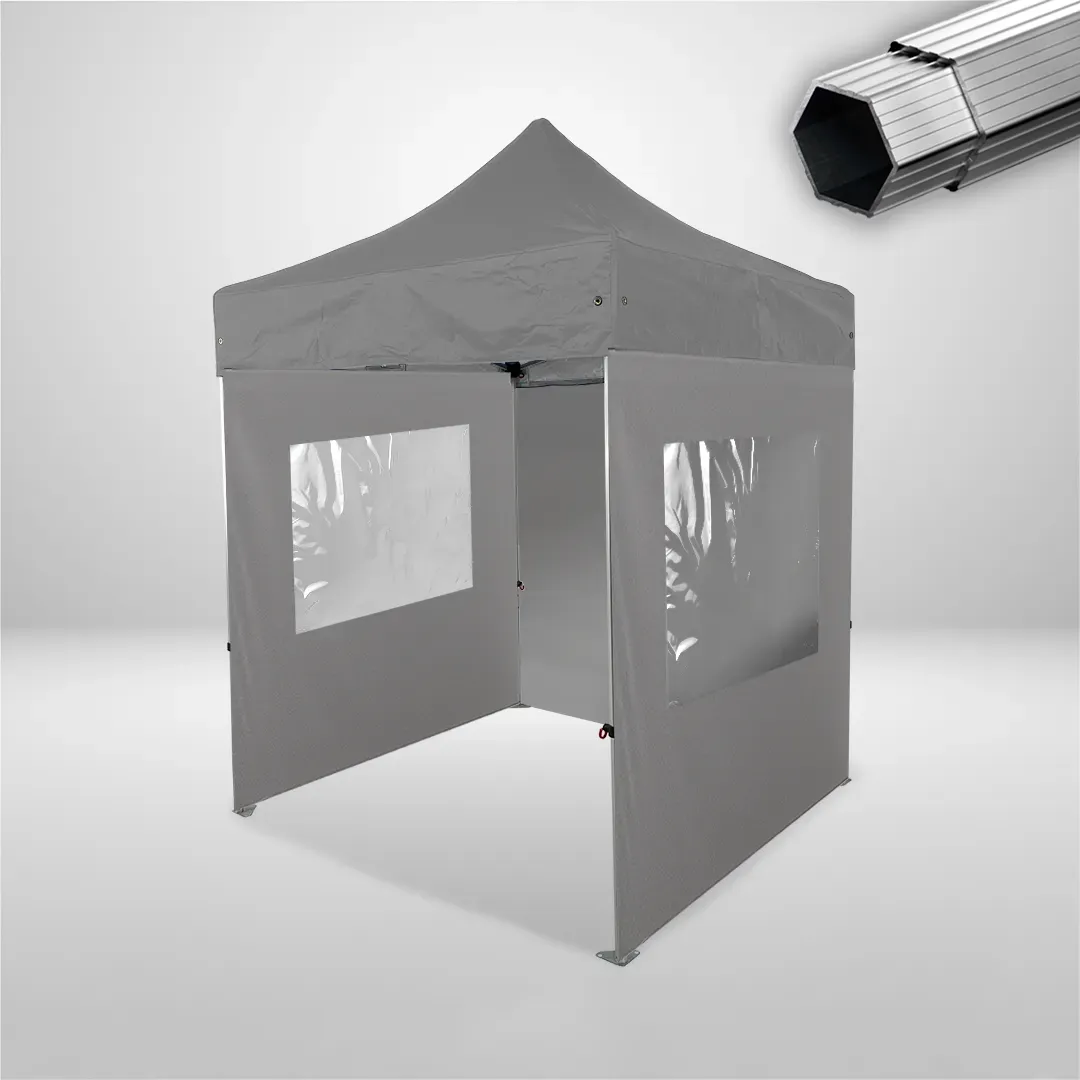 Carpa Plegable 2x2 m, Gama PLUS 40mm, 1 lateral liso y 2 laterales con ventanas, gris 1 Carpa Plegable 2x2 m, Gama PLUS 40mm, 1 lateral liso y 2 laterales con ventanas, gris