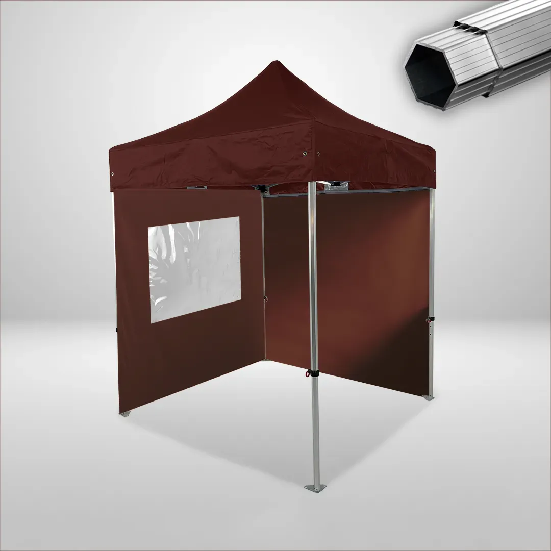 Carpa Plegable 2x2 m, Gama PLUS 40mm, 1 lateral liso y 1 lateral con ventana, marron