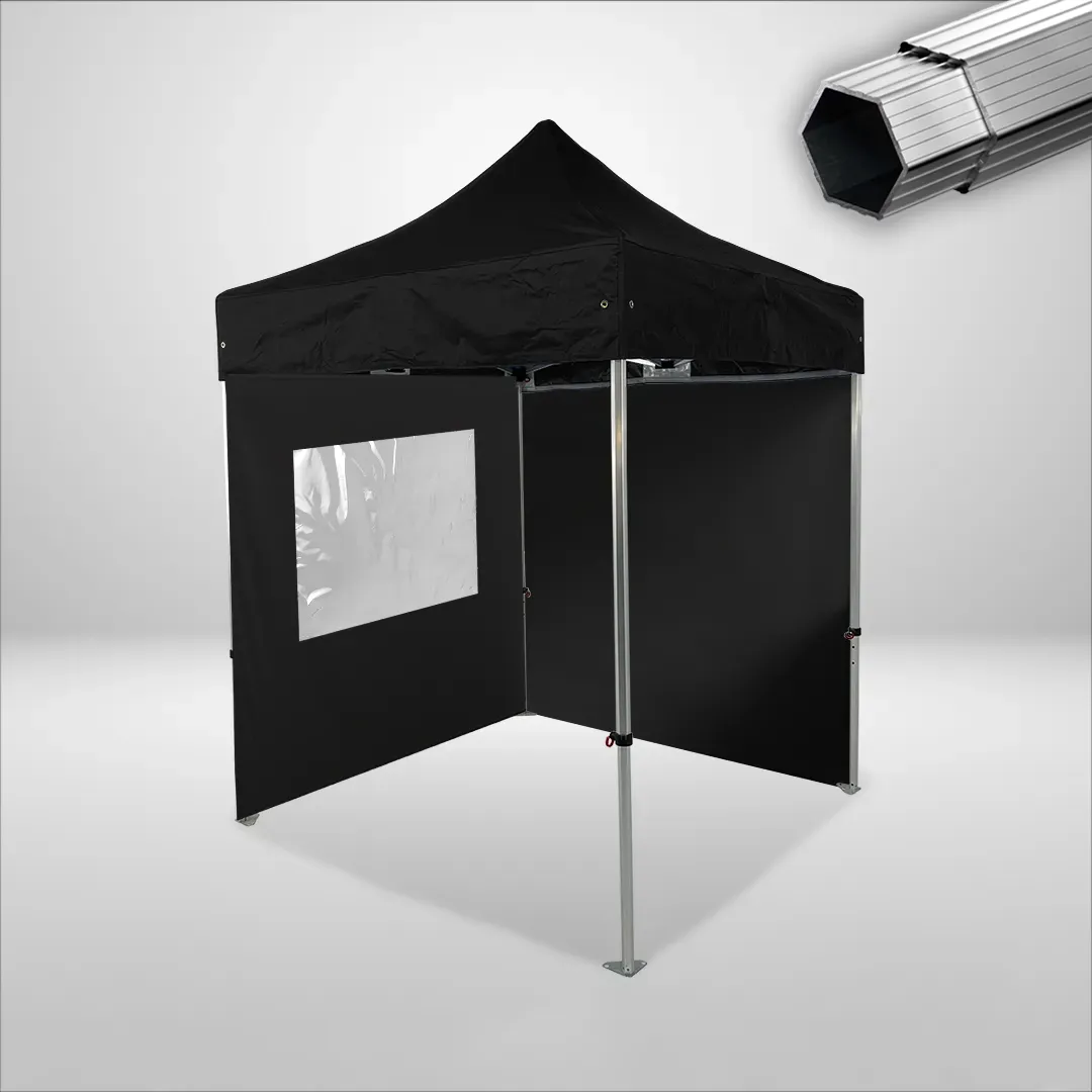 Carpa Plegable 2x2 m, Gama PLUS 40mm, 1 lateral liso y 1 lateral con ventana, negro