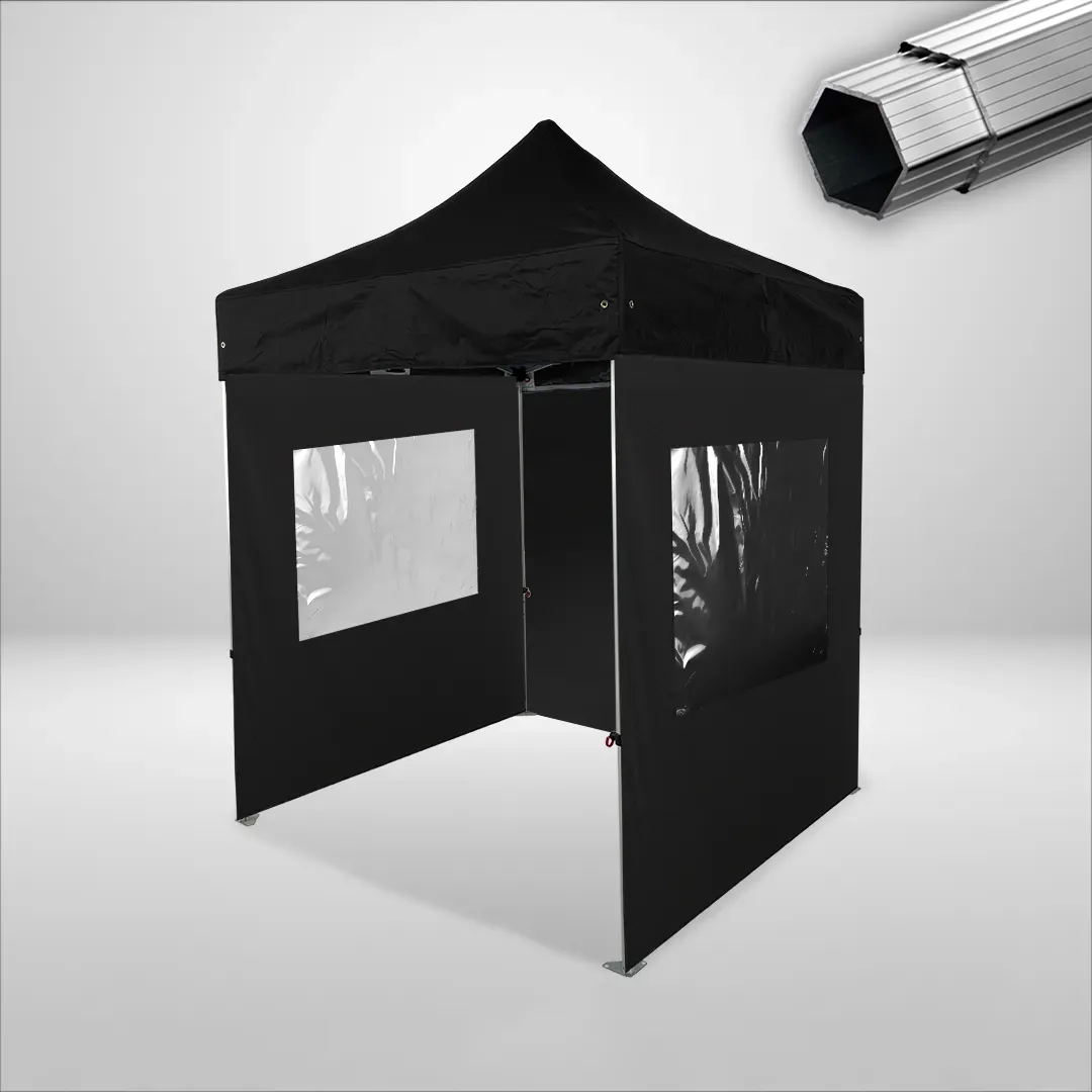 Carpa Plegable 2x2 m, Gama PLUS 40mm, 1 lateral liso y 2 laterales con ventanas, negro 1 Carpa Plegable 2x2 m, Gama PLUS 40mm, 1 lateral liso y 2 laterales con ventanas, negro