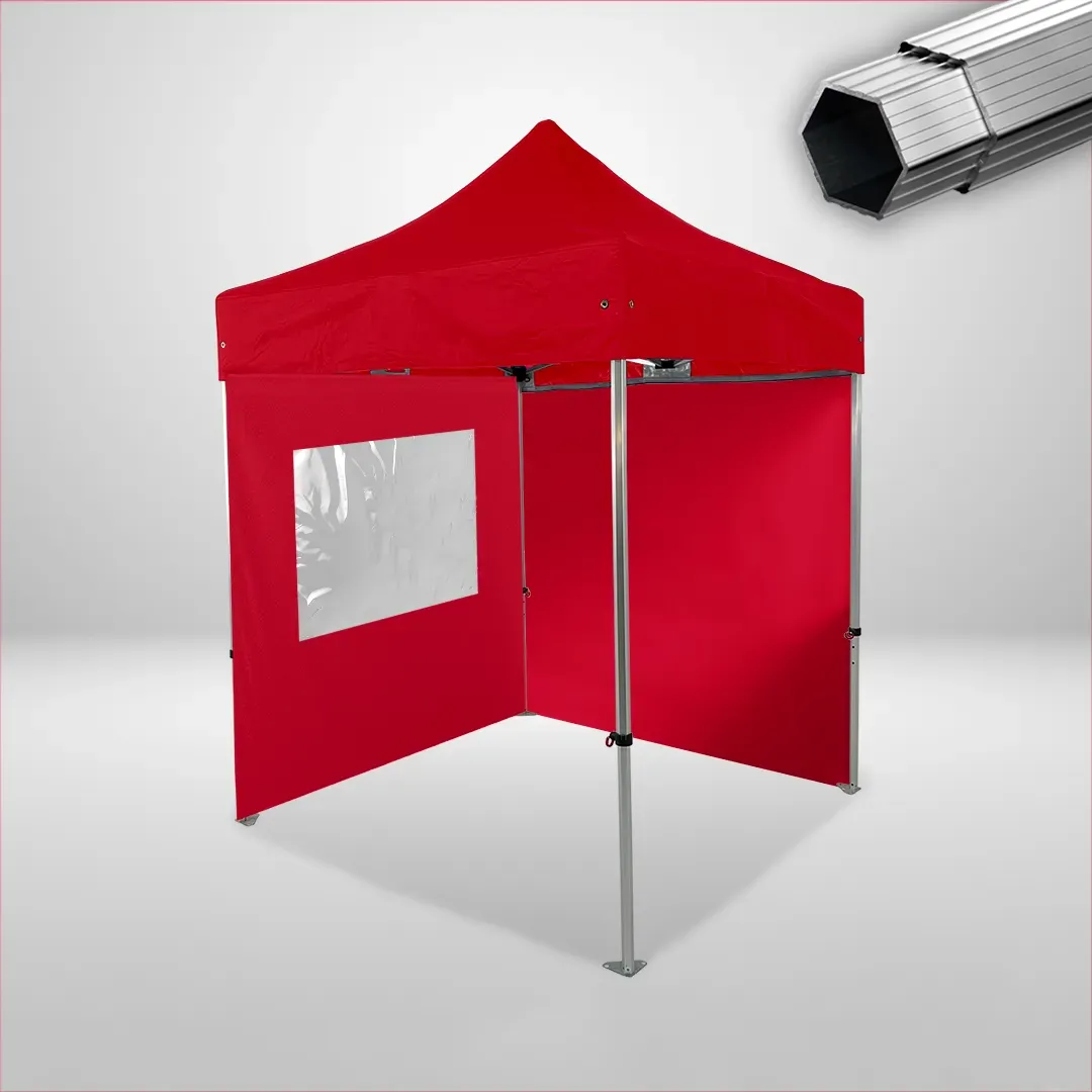 Carpa Plegable 2x2 m, Gama PLUS 40mm, 1 lateral liso y 1 lateral con ventana, rojo