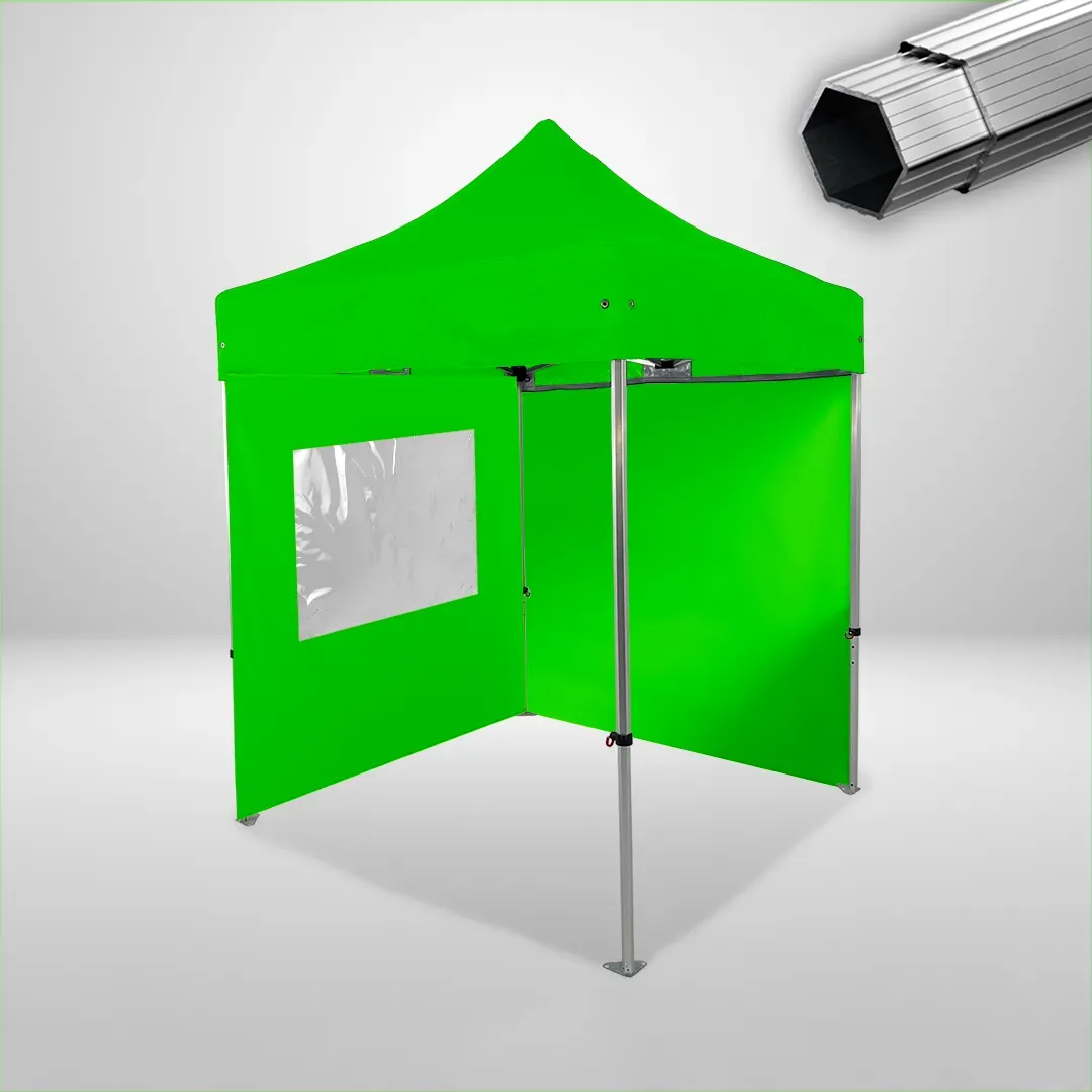 Carpa Plegable 2x2 m, Gama PLUS 40mm, 1 lateral liso y 1 lateral con ventana, verde lima