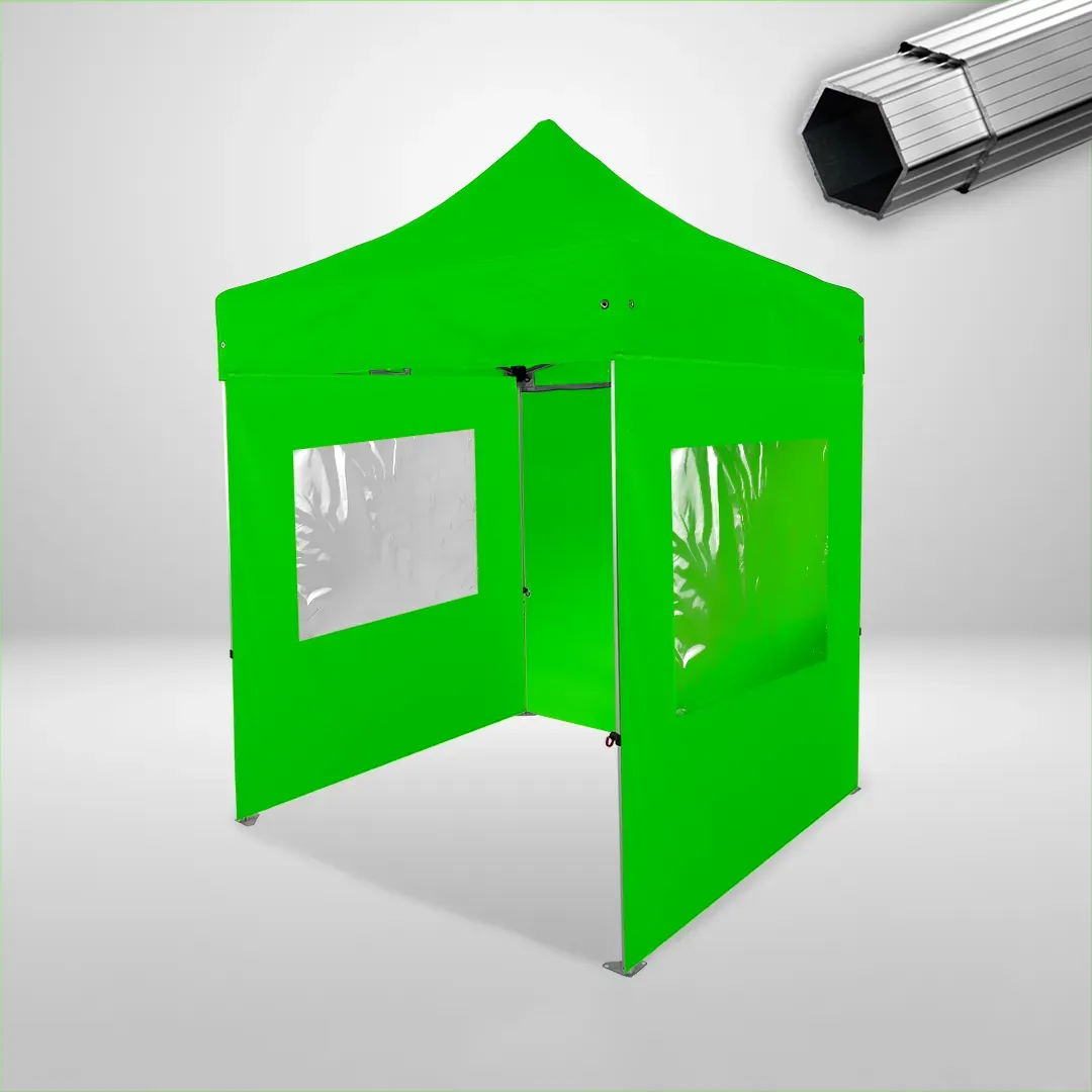 Carpa Plegable 2x2 m, Gama PLUS 40mm, 1 lateral liso y 2 laterales con ventanas, verde lima 1 Carpa Plegable 2x2 m, Gama PLUS 40mm, 1 lateral liso y 2 laterales con ventanas, verde lima