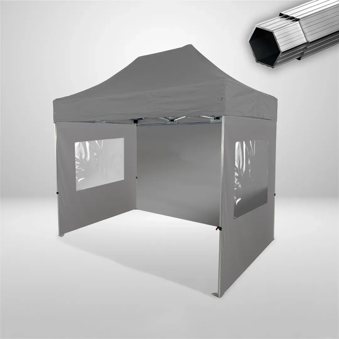 Carpa Plegable 3x2 m, Gama PLUS 40mm, 1 lateral liso y 2 laterales con ventanas, gris 1 Carpa Plegable 3x2 m, Gama PLUS 40mm, 1 lateral liso y 2 laterales con ventanas, gris