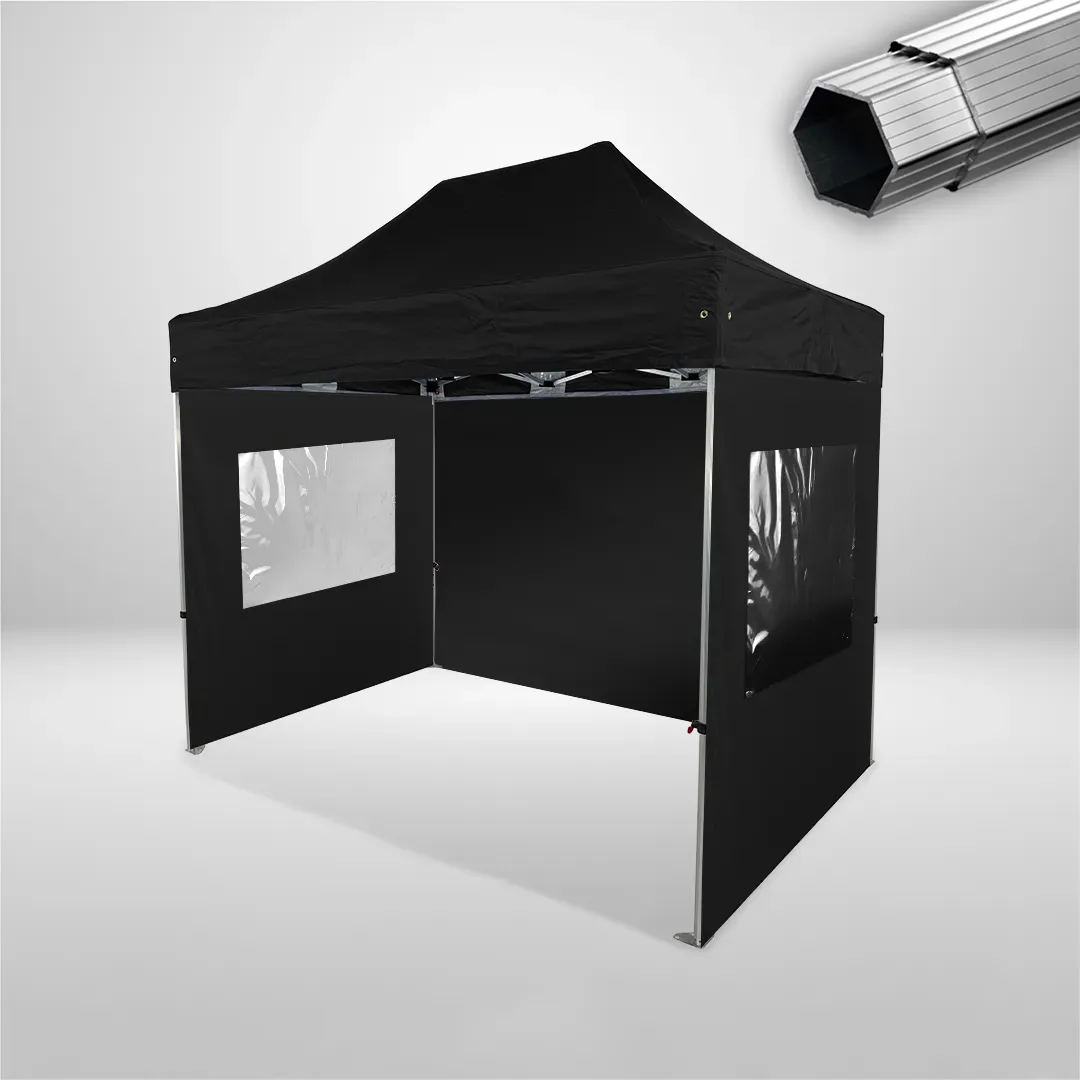 Carpa Plegable 3x2 m, Gama PLUS 40mm, 1 lateral liso y 2 laterales con ventanas, negro 1 Carpa Plegable 3x2 m, Gama PLUS 40mm, 1 lateral liso y 2 laterales con ventanas, negro