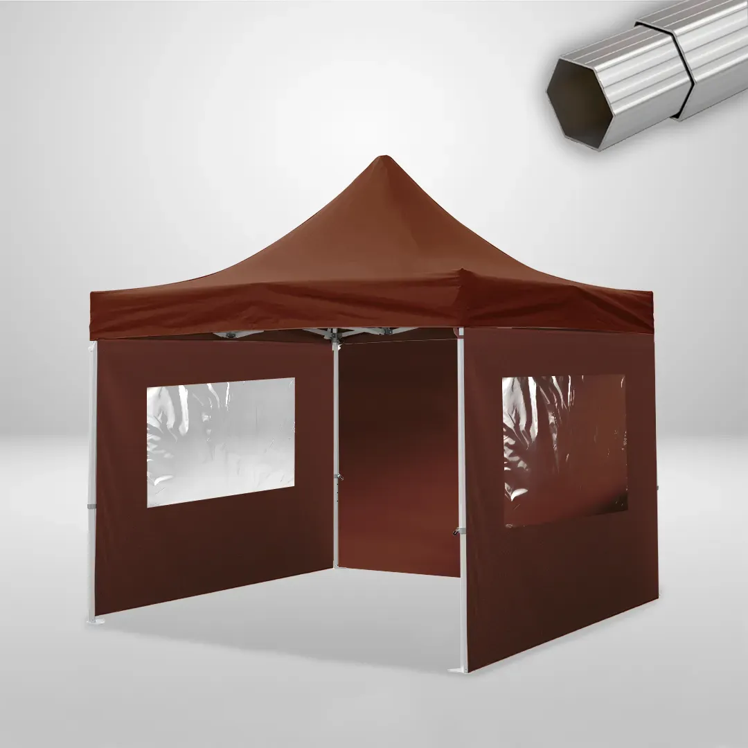 Carpa Plegable 3x3 m, Gama ELITE 50mm, 1 lateral liso y 2 laterales con ventanas, marron 1 Carpa Plegable 3x3 m, Gama ELITE 50mm, 1 lateral liso y 2 laterales con ventanas, marron