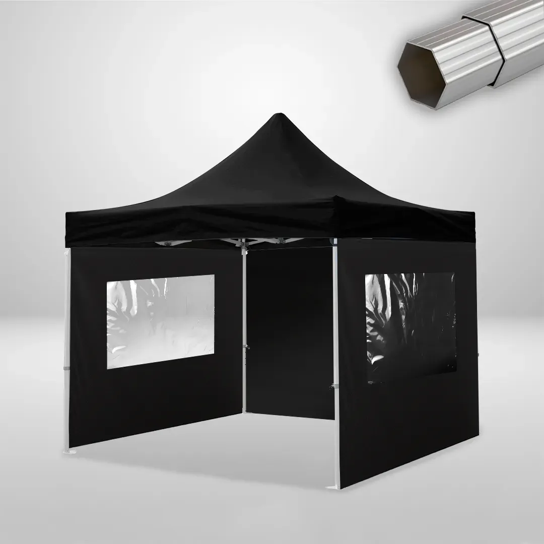 Carpa Plegable 3x3 m, Gama ELITE 50mm, 1 lateral liso y 2 laterales con ventanas, negro 1 Carpa Plegable 3x3 m, Gama ELITE 50mm, 1 lateral liso y 2 laterales con ventanas, negro