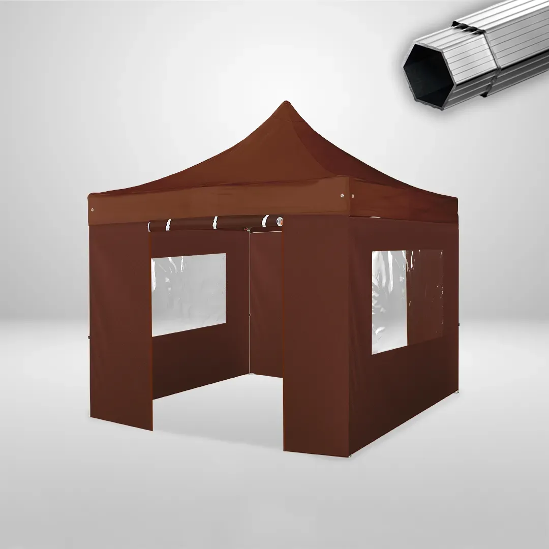 Carpa Plegable 3x3 m, Gama PLUS 40mm, 2 laterales con puerta y 2 laterales con ventanas, marron 1 Carpa Plegable 3x3 m, Gama PLUS 40mm, 2 laterales con puerta y 2 laterales con ventanas, marron