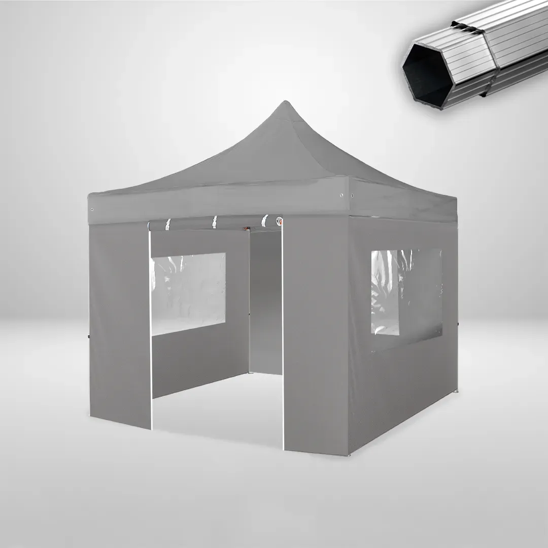 Carpa Plegable 3x3 m, Gama PLUS 40mm, 3 laterales con ventanas y 1 laterales con puerta, gris 1 Carpa Plegable 3x3 m, Gama PLUS 40mm, 3 laterales con ventanas y 1 laterales con puerta, gris