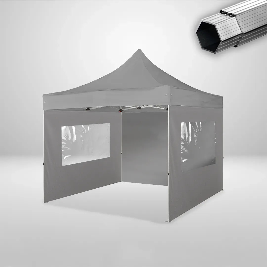 Carpa Plegable 3x3 m, Gama PLUS 40mm, 1 lateral liso y 2 laterales con ventanas, gris 1 Carpa Plegable 3x3 m, Gama PLUS 40mm, 1 lateral liso y 2 laterales con ventanas, gris