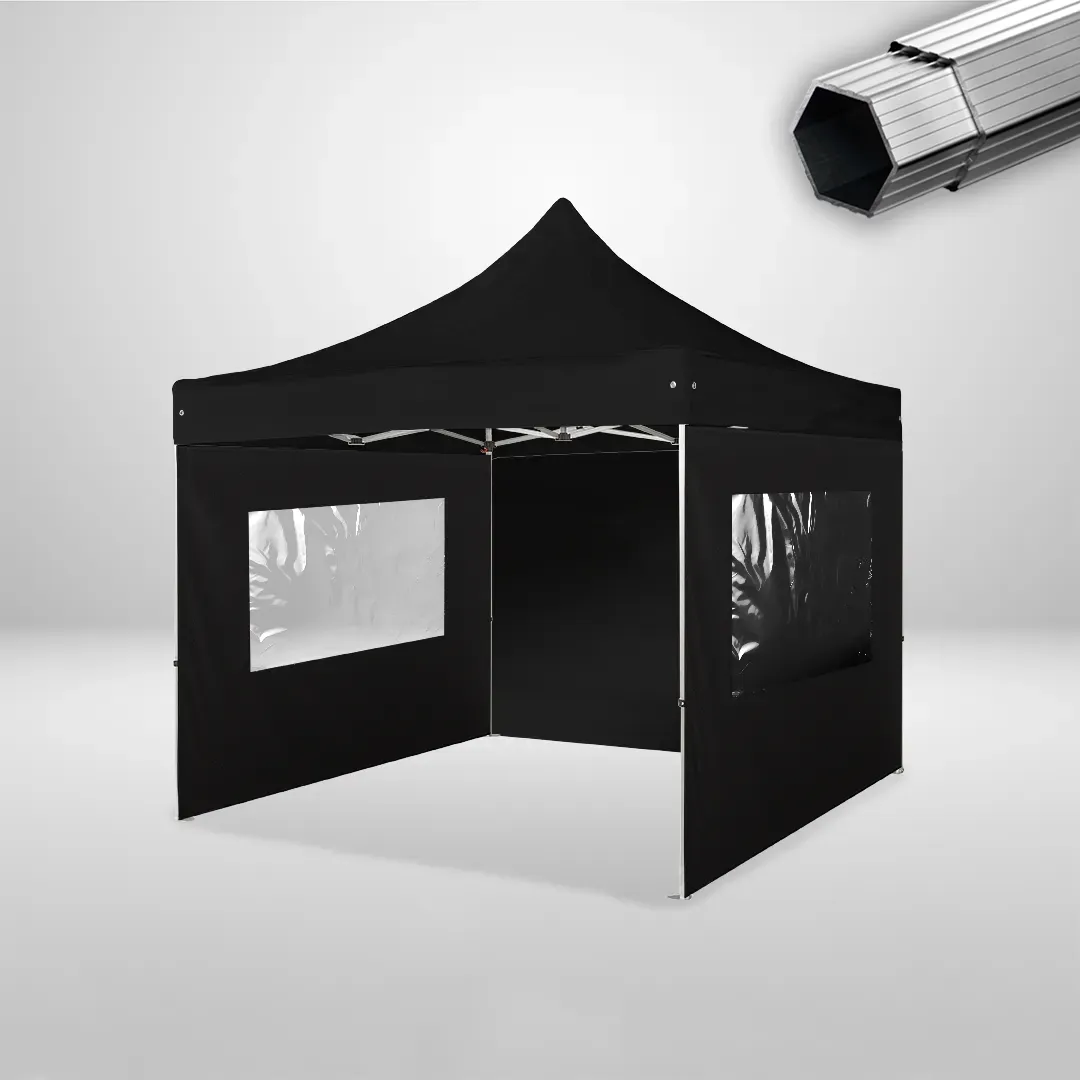 Carpa Plegable 3x3 m, Gama PLUS 40mm, 1 lateral liso y 2 laterales con ventanas, negro 1 Carpa Plegable 3x3 m, Gama PLUS 40mm, 1 lateral liso y 2 laterales con ventanas, negro