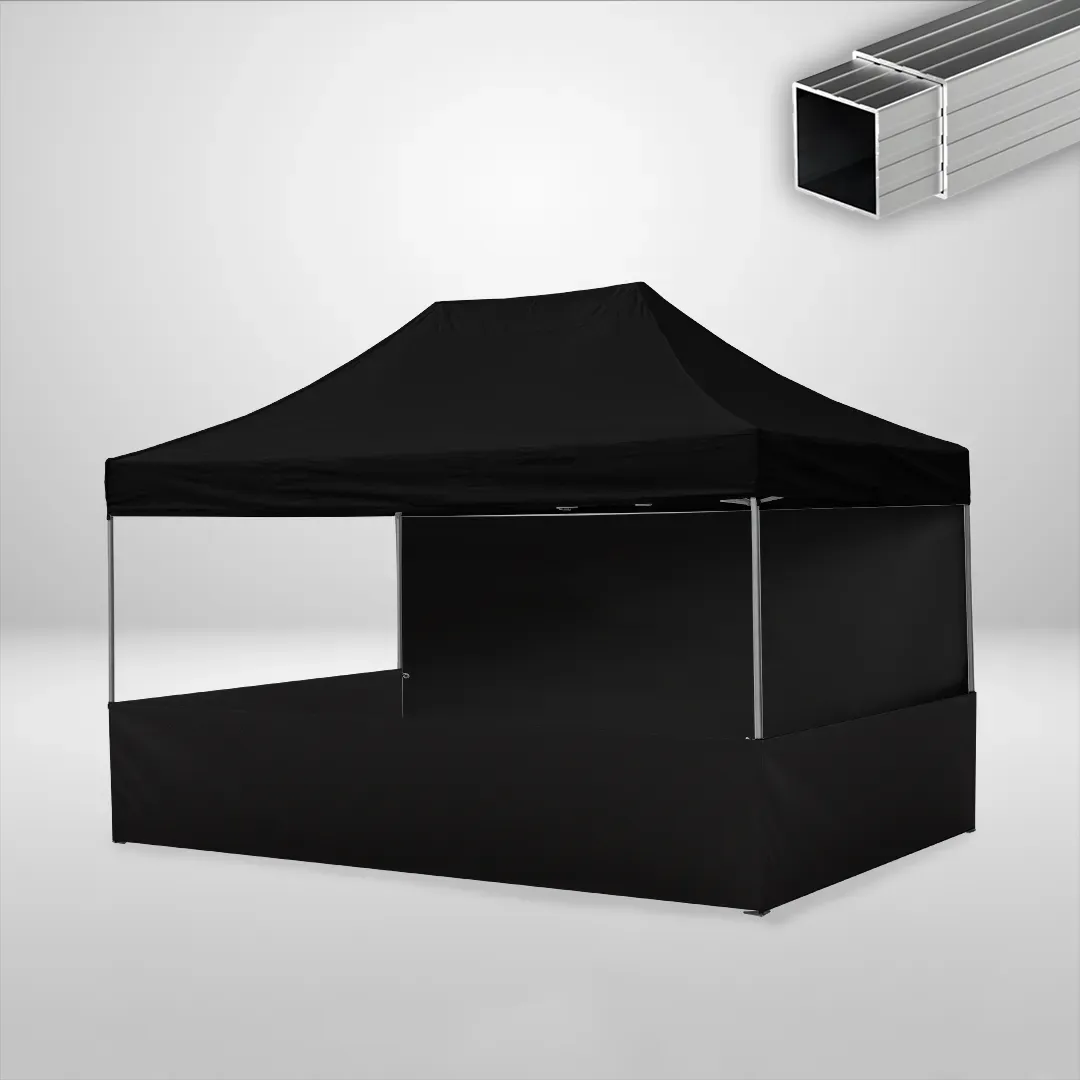 Carpa Plegable 3x4.5 m, Gama ECO 32mm, 1 lateral liso y 3 laterales a media altura, negro 1 Carpa Plegable 3x4.5 m, Gama ECO 32mm, 1 lateral liso y 3 laterales a media altura, negro