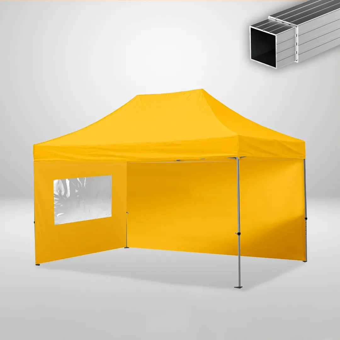 Carpa Plegable 3x4.5 m, Gama ECO 32mm, 1 lateral liso y 1 lateral con ventana, amarillo 1 Carpa Plegable 3x4.5 m, Gama ECO 32mm, 1 lateral liso y 1 lateral con ventana, amarillo