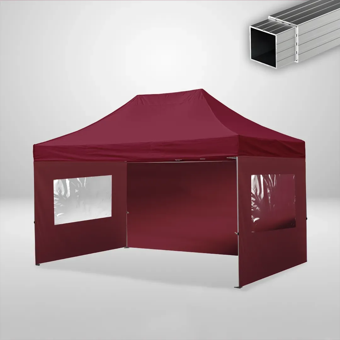 Carpa Plegable 3x4.5 m, Gama ECO 32mm, 1 lateral liso y 2 laterales con ventanas, burdeos 1 Carpa Plegable 3x4.5 m, Gama ECO 32mm, 1 lateral liso y 2 laterales con ventanas, burdeos