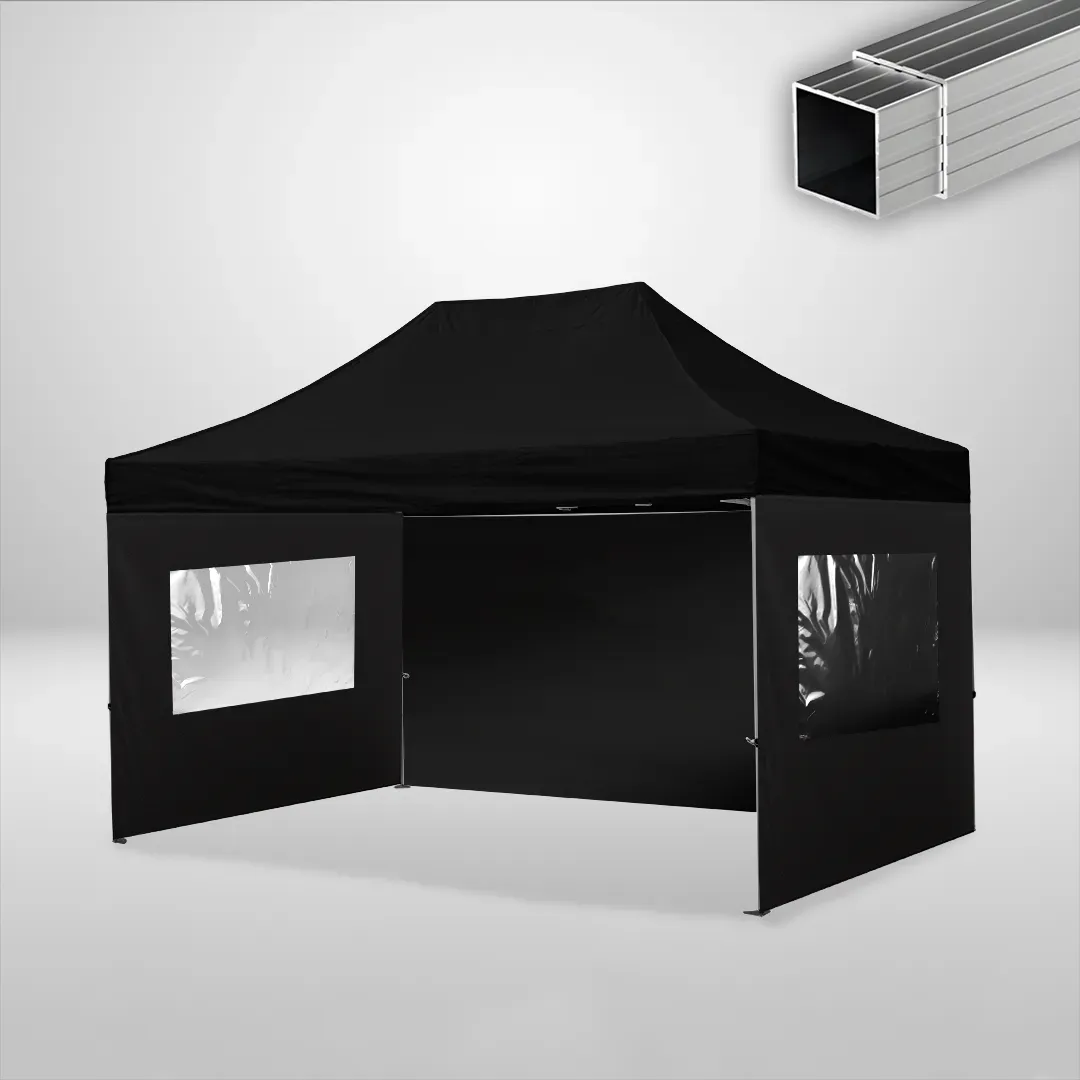 Carpa Plegable 3x4.5 m, Gama ECO 32mm, 1 lateral liso y 2 laterales con ventanas, negro 1 Carpa Plegable 3x4.5 m, Gama ECO 32mm, 1 lateral liso y 2 laterales con ventanas, negro
