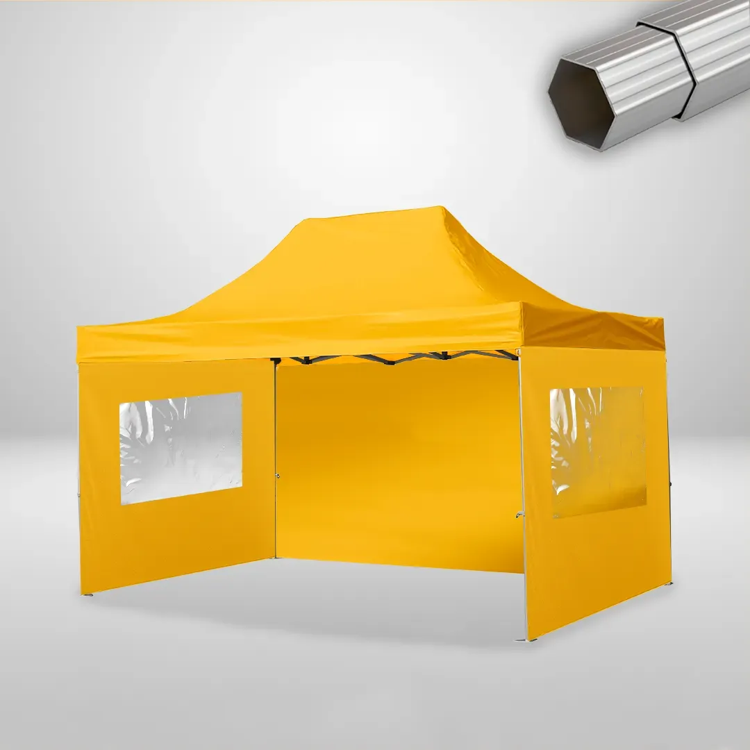 Carpa Plegable 3x4.5 m, Gama ELITE 50mm, 1 lateral liso y 2 laterales con ventanas, amarillo 1 Carpa Plegable 3x4.5 m, Gama ELITE 50mm, 1 lateral liso y 2 laterales con ventanas, amarillo