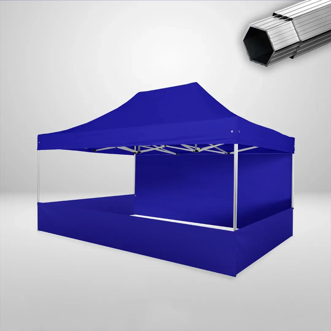 Carpa Plegable 3x4.5 m, Gama PLUS 40mm, 1 lateral liso y 3 laterales a media altura, azul 1 Carpa Plegable 3x4.5 m, Gama PLUS 40mm, 1 lateral liso y 3 laterales a media altura, azul