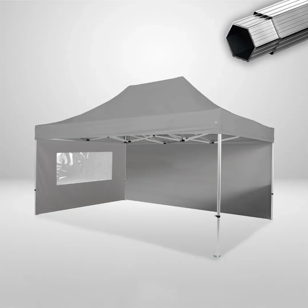 Carpa Plegable 3x4.5 m, Gama PLUS 40mm, 1 lateral liso y 1 lateral con ventana, gris 1 Carpa Plegable 3x4.5 m, Gama PLUS 40mm, 1 lateral liso y 1 lateral con ventana, gris