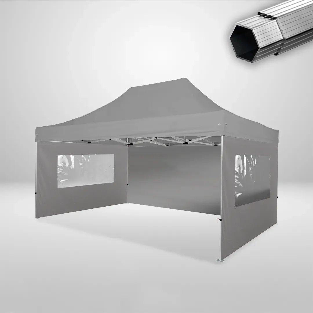 Carpa Plegable 3x4.5 m, Gama PLUS 40mm, 1 lateral liso y 2 laterales con ventanas, gris 1 Carpa Plegable 3x4.5 m, Gama PLUS 40mm, 1 lateral liso y 2 laterales con ventanas, gris